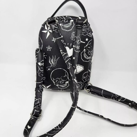 Betsey Johnson Puppy Dog Skull Hearts Tattoo Print Mini Backpack Bag Purse NWOT